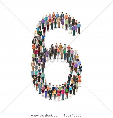 Large group of people foming number 6 on white background: different casual people collection