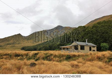 Public back country hut in the Fjordland National Park. Tramping destination in New Zealand.