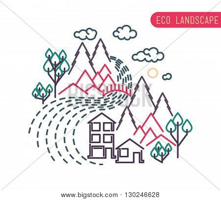 Thin Line Landscape Flat Landscape Eco Landscape Design Of Abstract Idyllic Village On Hills, Rural