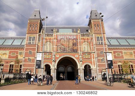 AMSTERDAM, NETHERLANDS - MAY 4, 2016: Famous Rijksmuseum in Amsterdam, Netherlands. It holds many masterpiece paintings of Dutch and world art.