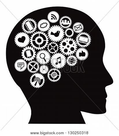 Machine Gears inside human head with Social Media Symbols Black Isolated on White Background Illustration