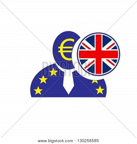 European union man icon with euro symbol and United Kingdom flag symbolizing the Britain leaving the EU. Brexit. Vote in referendum.