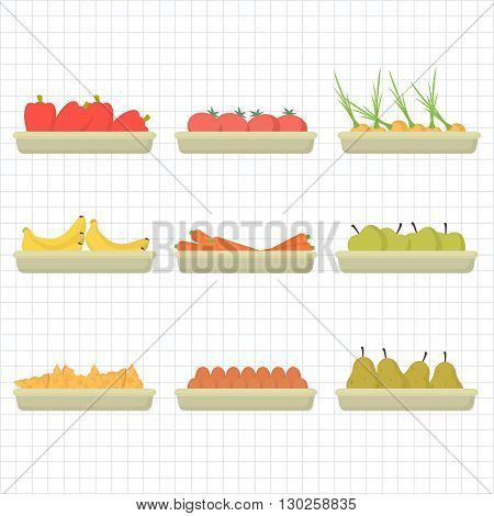 Fruit and vegetables on tray. Flat design. Healthy and organic products.