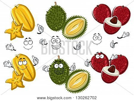 Exotic thai bright red lychees, spiky green durian and yellow carambola cartoon characters with whole fruits and juicy slices. Great for tropical cocktail or vegetarian fruity dessert design usage