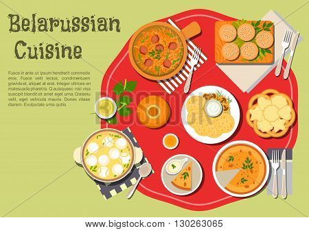 Traditional belarusian potato babka and potato pancakes draniki icon served with sour cream and fried mushrooms, thick soup with vegetables and dumplings and beef cabbage stew, sweet bagels and cookies with birch sap and kvass beverages. Flat style