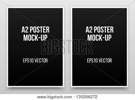 A2 black posters realistic template, mock-up with margins, realistic shadow and light background for design concepts, presentations, web, identity, prints. Vector illustration.