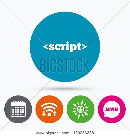 Wifi, Sms and calendar icons. Script sign icon. Javascript code symbol. Go to web globe.
