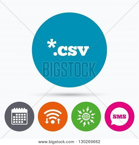 Wifi, Sms and calendar icons. File document icon. Download tabular data file button. CSV file extension symbol. Go to web globe.