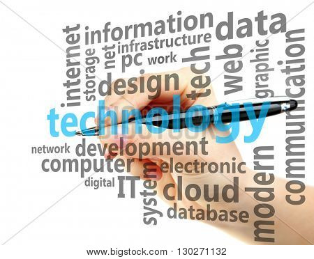 Woman writing on virtual screen. Information technology concept