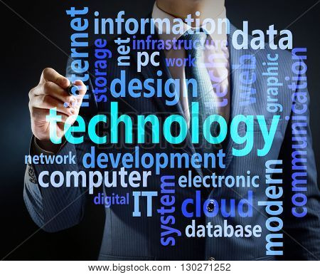 Businessman writing on virtual screen. Information technology concept