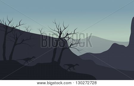 Silhouette of eoraptor walking in hills at the afternoon