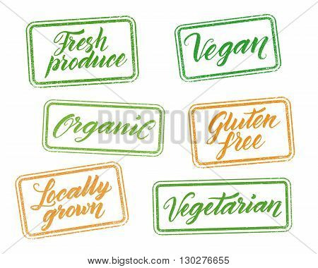 Healthy food stamps with hand drawn letterings isolated on white. Layered vector illustration, can be placed on any background you like. Organic, gluten free, vegan, locally grown, vegetarian, fresh produce labels.