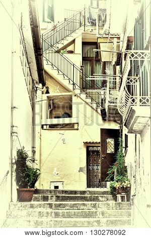 Narrow Street as Stairs in Italian City of Cetara Retro Image Filtered Style