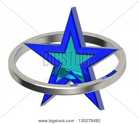 Blue star in a silver circle. 3D illustration.