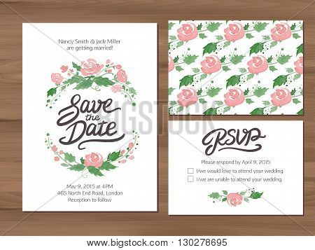Wedding set with watercolor flowers and hand drawn lettering. Save the date invitation, RSVP card, seamless floral background. Seamless illustrator swatch for background included. Free font used - Afta sans.