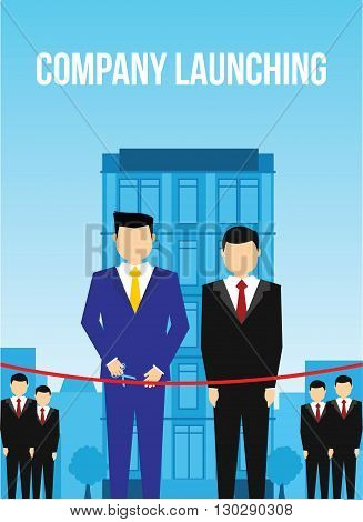 Company launching men cutting ribbon illustration concept