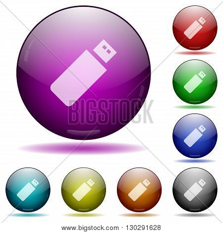 Set of color pendrive glass sphere buttons with shadows.