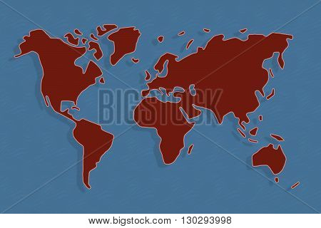 Abstract world map in red and blue, continents floating with shadows in ocean.
