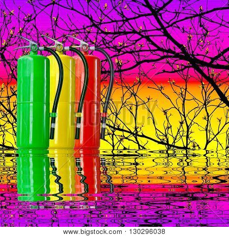 Many fire extinguisher tank on tree twings and reflect