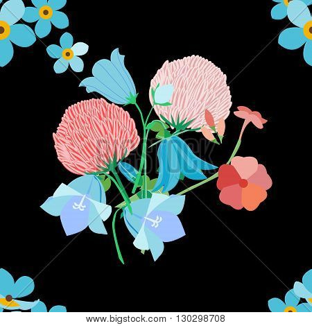 Wildflowers - bluebells clover flowers forget-me-nots and field carnation seamless pattern vector illustration