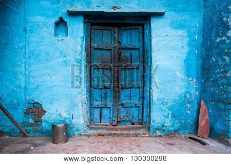 Blue painted traditional house in Agra India