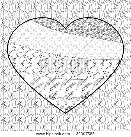 Heart adult coloring book page. Whimsical line art. Zentangle vector illustration.