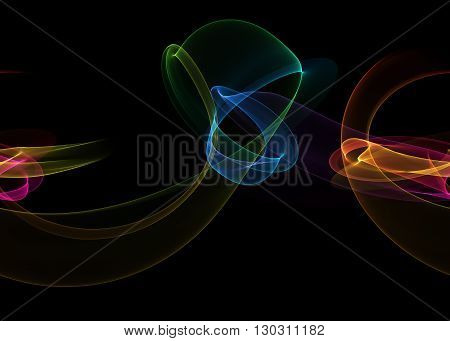 glowing rainbow curved lines and sircles over dark Abstract Background. seamless horizontal Illustration pattern