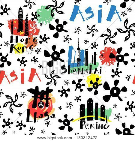 Travel and tourism Asia seamless pattern. China city seamless pattern. Pattern of spots, graffiti, splashes of watercolor, handmade