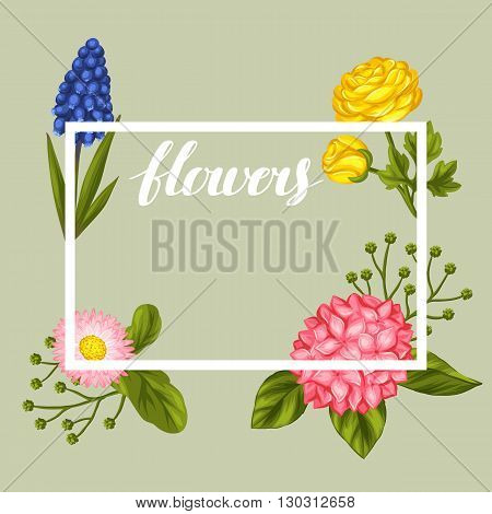 Invitation card with garden flowers. Decorative hortense, ranunculus, muscari and marguerite. Image for wedding invitations, romantic cards, posters.