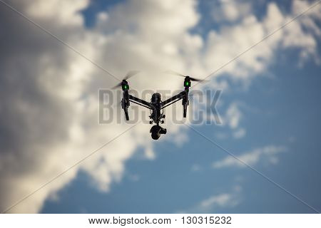 Varna Bulgaria - May 13 2016: Image of DJI Inspire 1 Pro drone UAV quadcopter which shoots 4k video and 16mp still images and is controlled by wireless remote with a range of 2km
