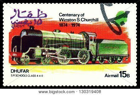 STAVROPOL RUSSIA - MARCH 30 2016: A Stamp printed in the Dhufar shows Old steam locomotive S.R. Schools class 4-4-0 stamp devoted to the Centenary of Winston S. Churchill circa 1974