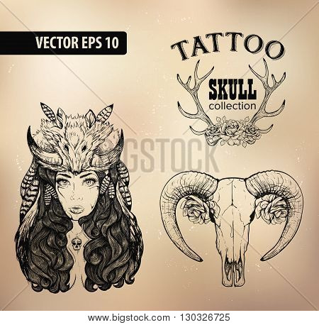 Vector tattoo studio logo templates on dark background. Cool retro styled vector emblems.