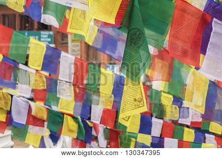 Garlands of colorful buddhist prayer flags in Nepal