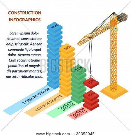 vector illustration. web banner construction infographics . construction crane builds graphic. isometric 3d