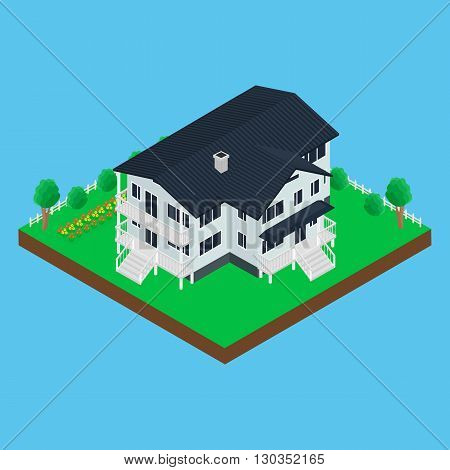 vector illustration. Icon modern house on a plot of land flowerbed trees bushes fence. isometric. infographics 3D
