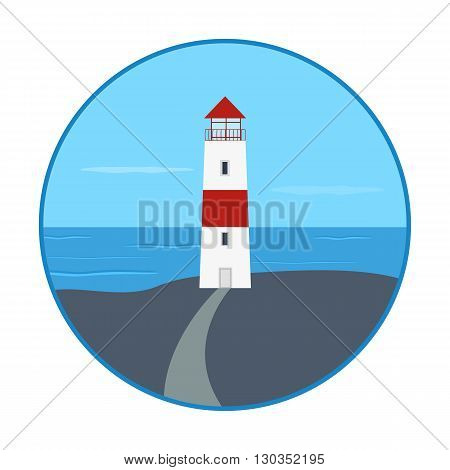 vector illustration. icon - a lighthouse on the shore. Sea waves clouds sky lighthouse road
