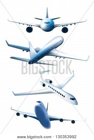 Set of airplanes in different foreshortening isolated on white background. Passenger aircraft. Vector illustration.