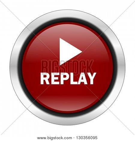 replay icon, red round button isolated on white background, web design illustration