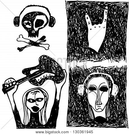 4 elements of black and white hand drawn doodle vector illustration of rock-n-roll
