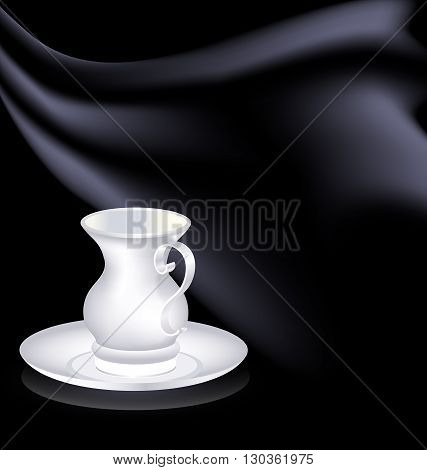 dark background and the white cup with black drape