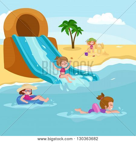 Children summer vacation. Kids Playing sand around water on beach. Cute little girl in a bathing suit and Funny boy Swiming in the sea.