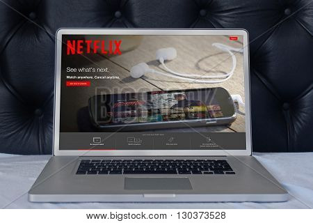 LONDON UNITED KINGDOM - June 02 2015: Netflix web page on laptop screen in the house bedroom. Netflix is a global provider of streaming movies and TV series.