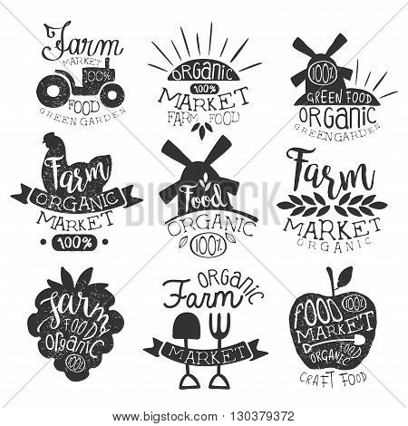 Organic Market Vintage Stamp Collection Of Monochrome Vector Design Labels On White Background