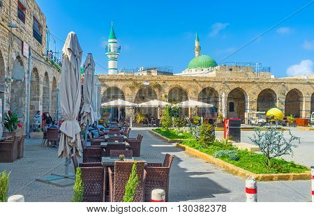 ACRE ISRAEL - FEBRUARY 20 2016: The Khan e-Shu'arda medieval hotel complex nowadays became the restaurant court with eastern spirit on February 20 in Acre.