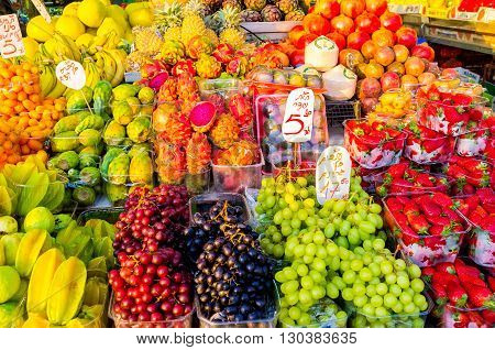 TEL AVIV ISRAEL - FEBBRUARY 25 2016: The tasty fresh fruits in the Carmel market stall on February 25 in Tel Aviv.