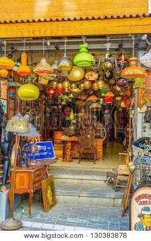 TEL AVIV ISRAEL - FEBRUARY 25 2016: The store offers retro lamps chandeliers and used furniture on February 25 in Tel Aviv.
