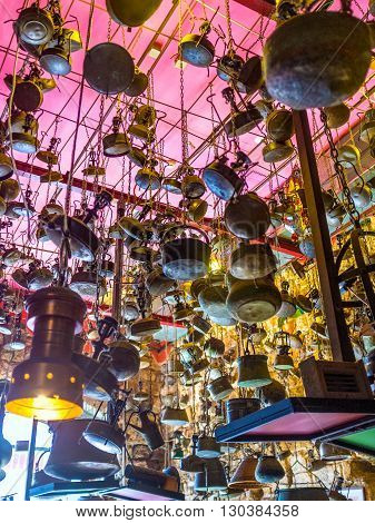 TEL AVIV ISRAEL - FEBRUARY 25 2016: The vintage cookwares in interior of the interesting restaurant in old Jaffa on February 25 in Tel Aviv.