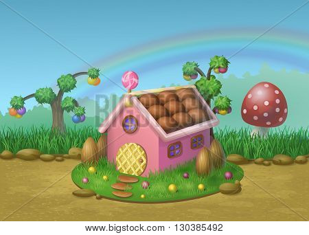 Illustration of sweet house of cookies and candy on a background of meadows, candy trees and rainbow