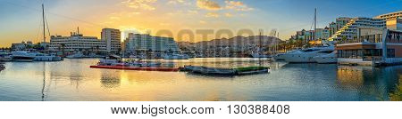 The sunset over the modern hotels in Lagoona of Eilat Israel.