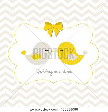 Yellow wedding invitation with two cute birds on abstract chevron background, vector illustration, eps 10